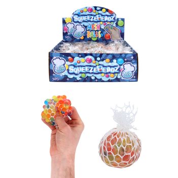 BALLES ANTI-STRESS SQUEEZY BEADZ AVEC FILET EN PRÉSENTOIR (36 pcs)