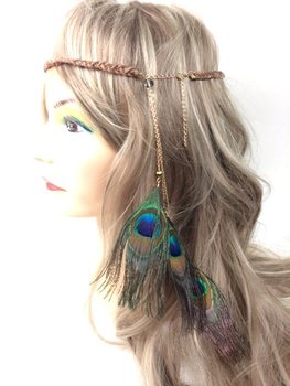Bandeau Cheveux Tressé Marron avec Plumes de Paon | Style Ibiza Boho (1 pc)