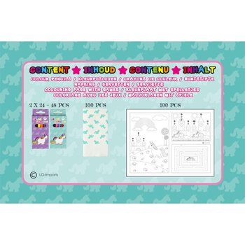 KIT RESTAURATION COMPLET LICORNE - 48x Sets de crayons + 100x Coloriages + 100x Serviettes (248 pcs)