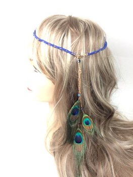 Bandeau tressé bleu style Ibiza avec plumes de paon (1 pc)
