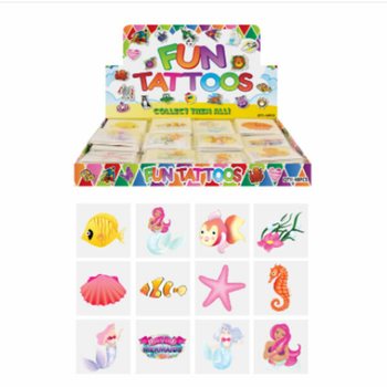 TATTOOS RIGOLOTS - MODÈLE : SIRÈNE / MERMAID, Chaque paquet 12x Tattoos EN PRÉSENTOIR (48 pcs)