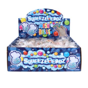BALLES ANTI-STRESS SQUEEZY BEADZ AVEC FILET EN PR&Eacute;SENTOIR (36 pcs)