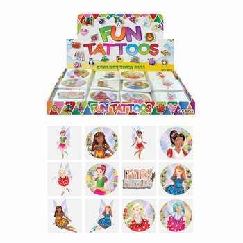 TATOUAGES FUN - MODÈLE : FÉE / FAIRY, Chaque paquet de 12x tatouages EN PRÉSENTOIR (48 pcs.)