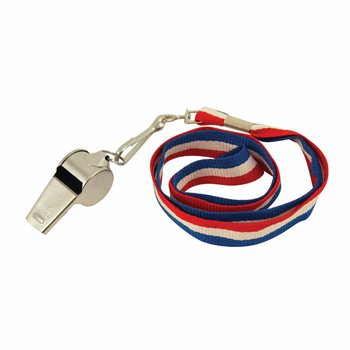 SIFFLET EN M&Eacute;TAL AVEC CORDON ROUGE / BLANC / BLEU (12 pi&egrave;ces)