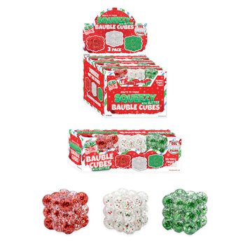 SQUEEZY GLITTER BAUBLE CUBES - AVEC PAILLETTES - LOT DE 3 CUBES - AVEC REMPLISSAGE SUGAR - EN PRÉSENTOIR (6 SETS)