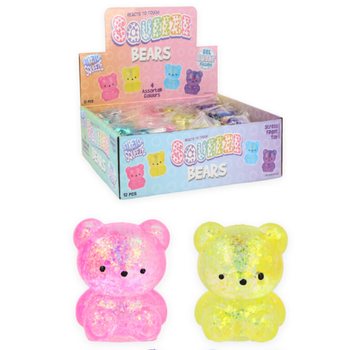 OURS SQUEEZE - AVEC REMPLISSAGE SUCRE - COULEURS MIX EN PR&Eacute;SENTOIR (12 pcs)