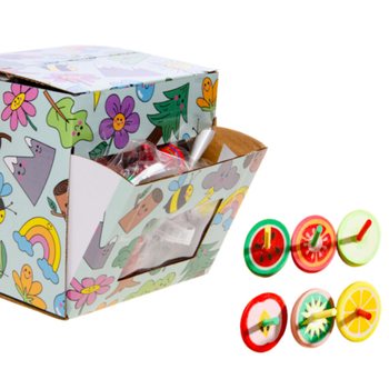 TOUPIES EN BOIS AVEC IMPRIM&Eacute; FRUITS - EN PR&Eacute;SENTOIR (42 pcs)