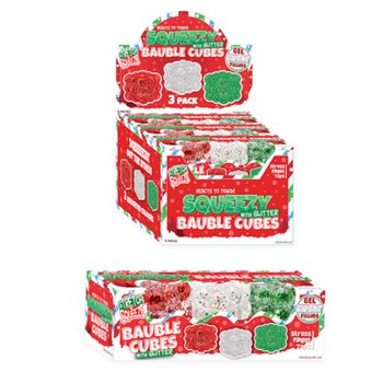 SQUEEZY GLITTER BAUBLE CUBES - AVEC PAILLETTES - LOT DE 3 CUBES - AVEC REMPLISSAGE SUGAR - EN PR&Eacute;SENTOIR (6 SETS)