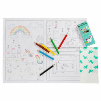 KIT RESTAURATION COMPLET LICORNE - 48x Sets de crayons + 100x Coloriages + 100x Serviettes (248 pcs)