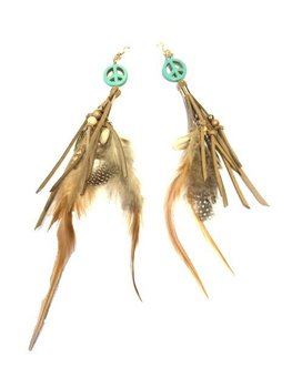 BOUCLES D'OREILLES STYLE IBIZA PEACE & PLUMES CRÈME/TURQUOISE (1 pc)