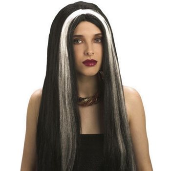 Perruque Longue Noire avec M&egrave;ches Blanches (1 pc)