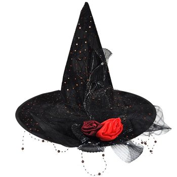 Chapeau de sorcière de luxe avec franges et fleur rouge (6 pièces)