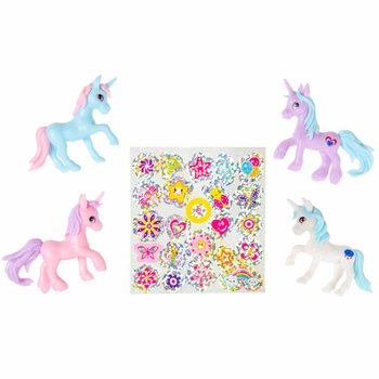 LICORNE DE POCHE - LICORNE + AUTOCOLLANTS EN POCHETTE CADEAU - EN PR&Eacute;SENTOIR (24 pcs)